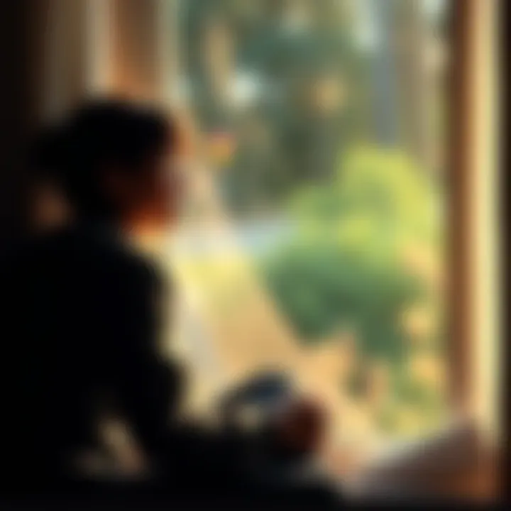 A person sitting by a window, looking thoughtful and contemplative, with soft light illuminating their face. Outside, a blurred nature scene symbolizes hope and growth.