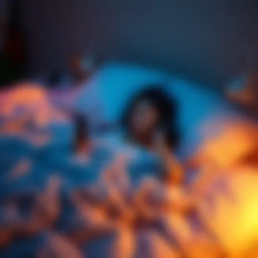 A cozy scene of a person lying in bed, listening to the radio while scrolling on their phone, surrounded by soft blankets and pillows.