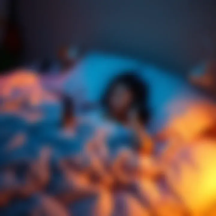 A cozy scene of a person lying in bed, listening to the radio while scrolling on their phone, surrounded by soft blankets and pillows.