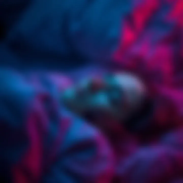 A person lying down with closed eyes, appearing calm and focused on falling asleep, surrounded by dark, soothing colors to represent the Void state.