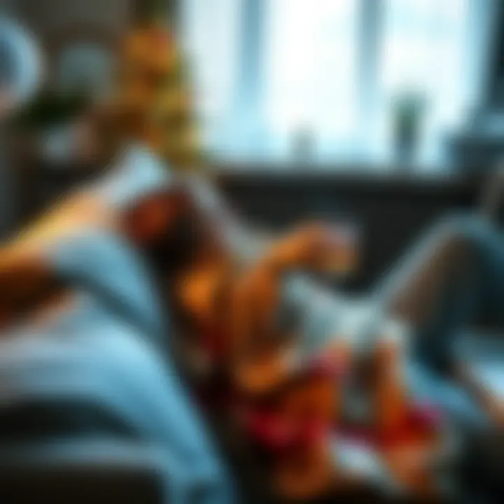 A person lounging on a couch with a blanket, looking relaxed while sipping herbal tea, suggesting comfort and rest, in a cozy living room setting.