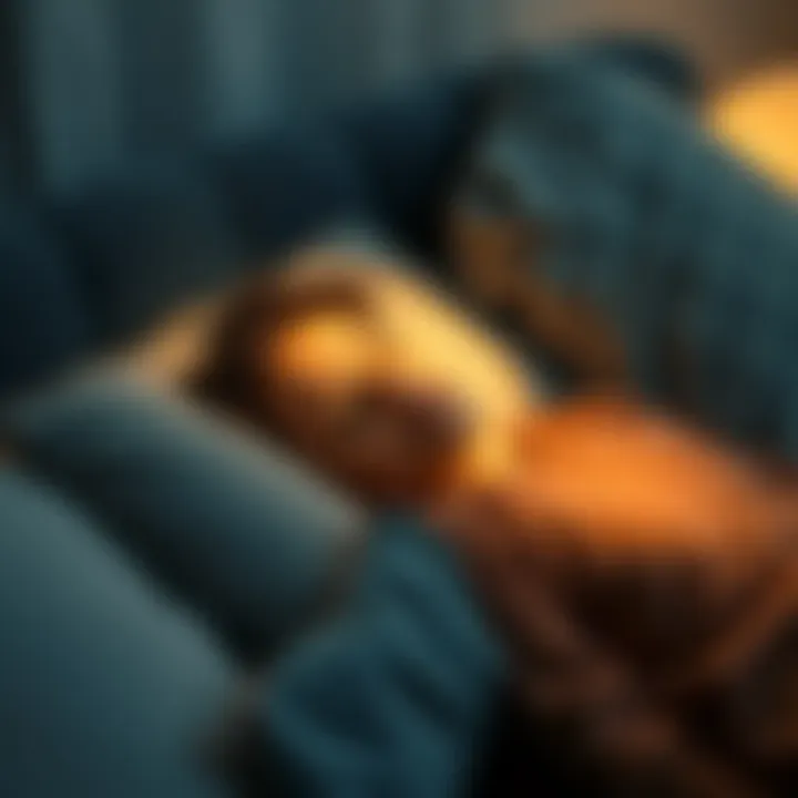 Person Relaxing During a Nap A person lying peacefully on a couch, eyes closed, surrounded by soft pillows, embodying relaxation and tranquility.