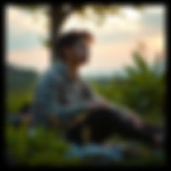 Person Relaxing with Nature A person sitting in a peaceful outdoor setting, surrounded by greenery, looking calm and reflective after a challenging experience