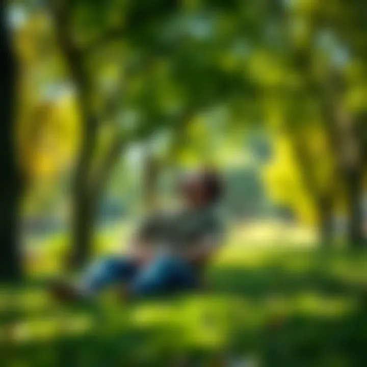 Individual sitting calmly in a green park, surrounded by trees and sunlight, looking thoughtful and relaxed