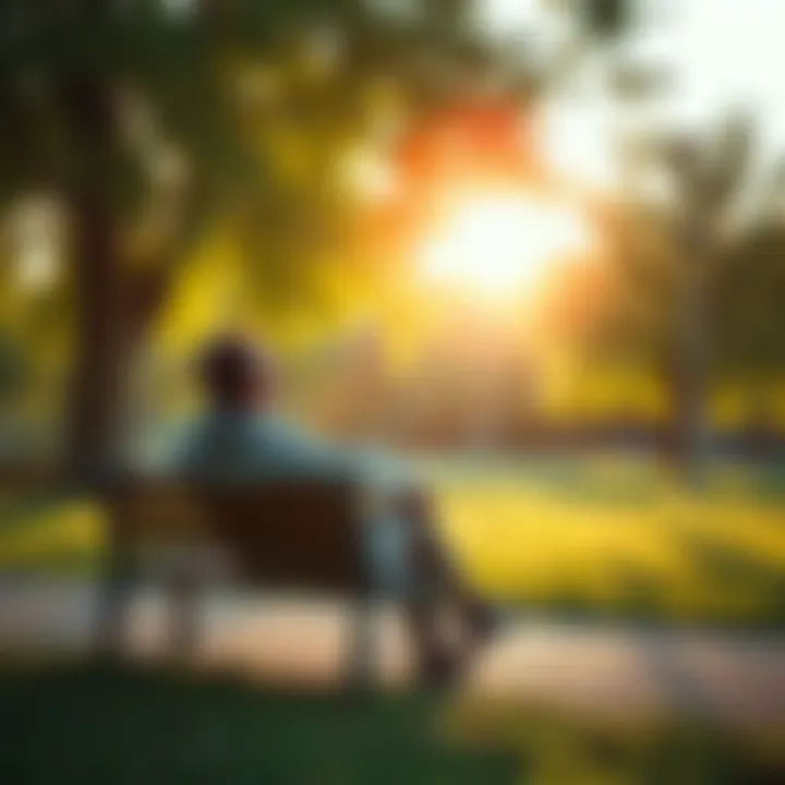 A person sitting on a bench in a peaceful park, enjoying a moment of solitude and self-reflection, surrounded by trees and sunlight.