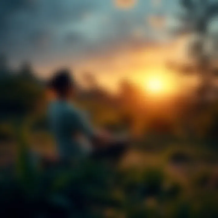 A person sitting peacefully in a natural setting, enjoying the calmness after a ritual, reconnecting with everyday life.