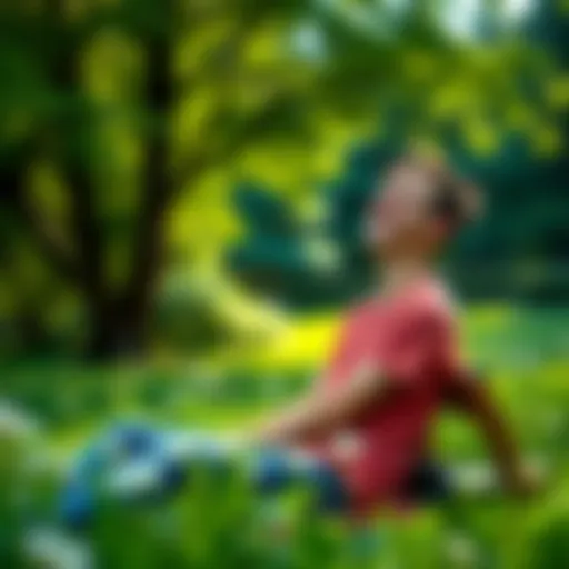 A person sitting peacefully in a park surrounded by greenery, smiling and looking content, symbolizing self-acceptance