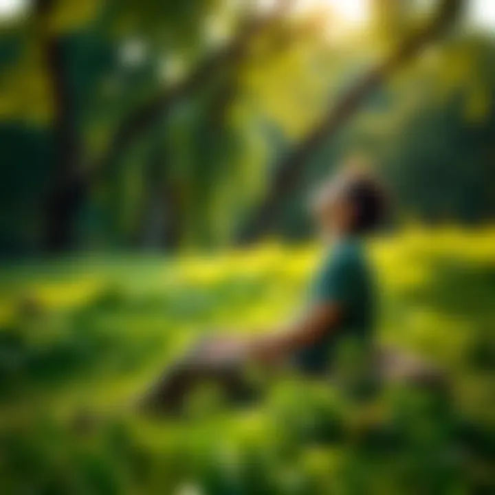 A person sitting peacefully in a lush green park, eyes closed, enjoying a moment of tranquility after consuming cannabis.