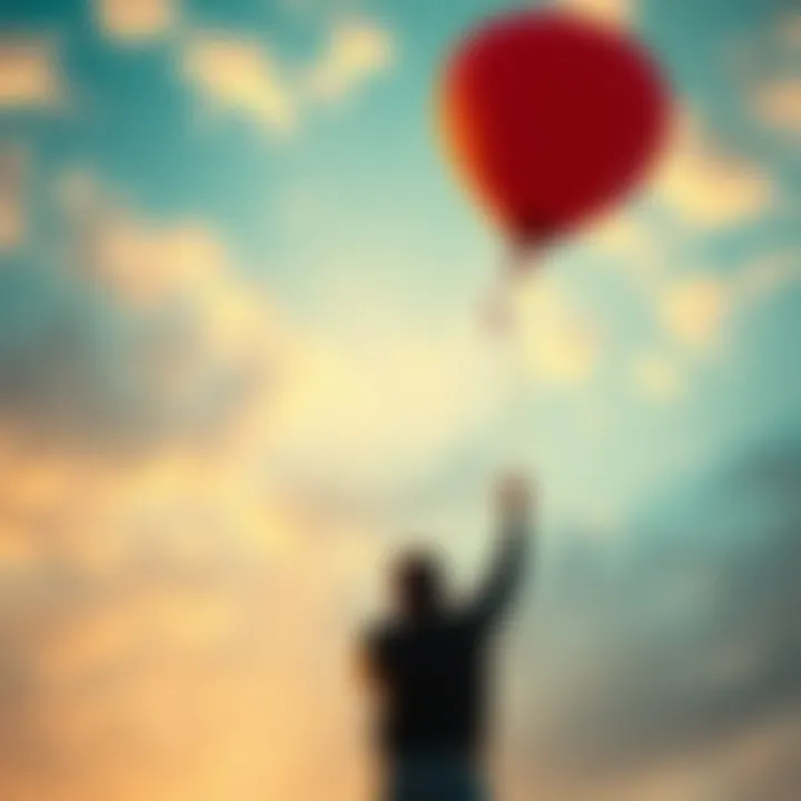 A person letting go of a colorful balloon into the sky, symbolizing the act of letting go and personal growth.
