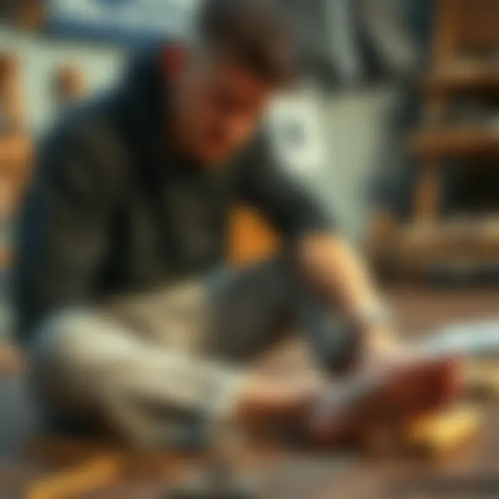 A person sitting on the floor, pulling a long splinter from their foot with a pained expression, surrounded by wood and art supplies.