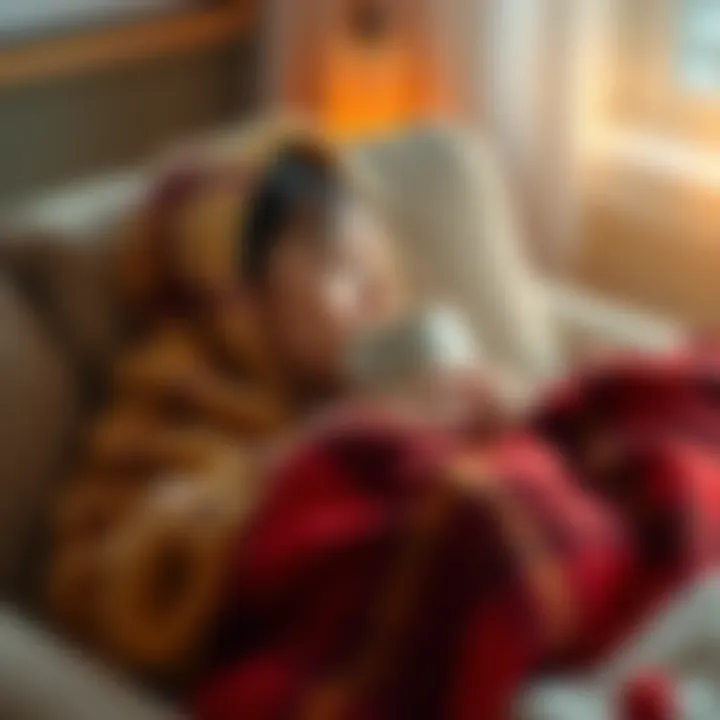 A person wrapped in a blanket, sipping hot tea to feel better while sitting on a couch.