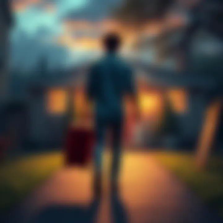 Person returning home with suitcase A person carrying a suitcase walks towards their childhood home, showing emotions of nostalgia and joy on their face.