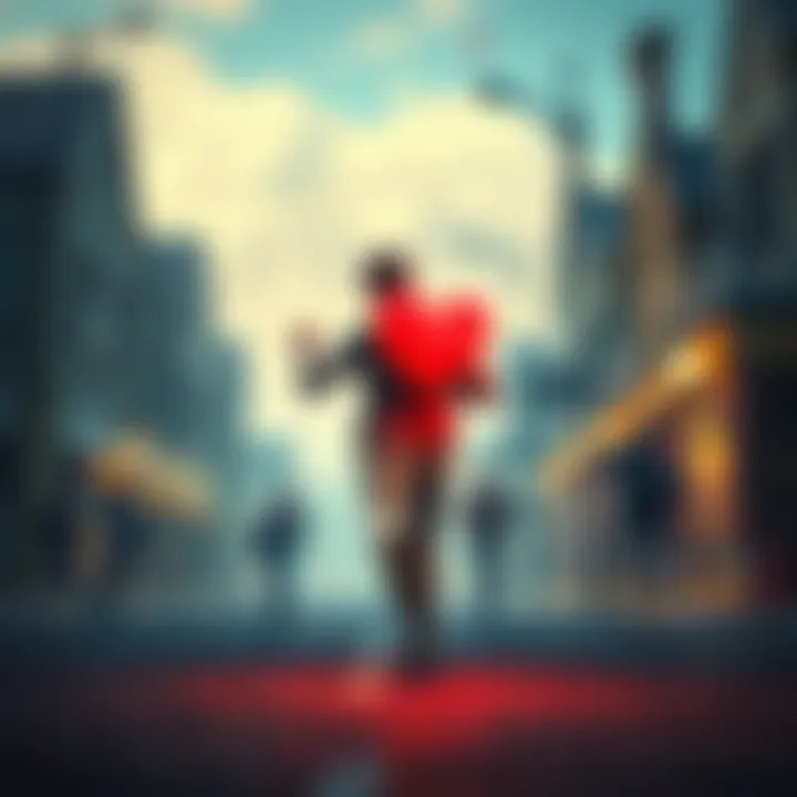 A person dashing through a town with a heart symbol, collecting forgotten items while classmates laugh in the background.