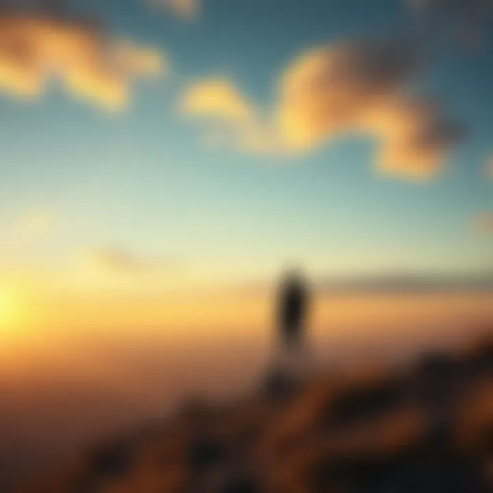 Individual standing on a hilltop, looking at the horizon with a thoughtful expression, symbolizing the search for meaning in life