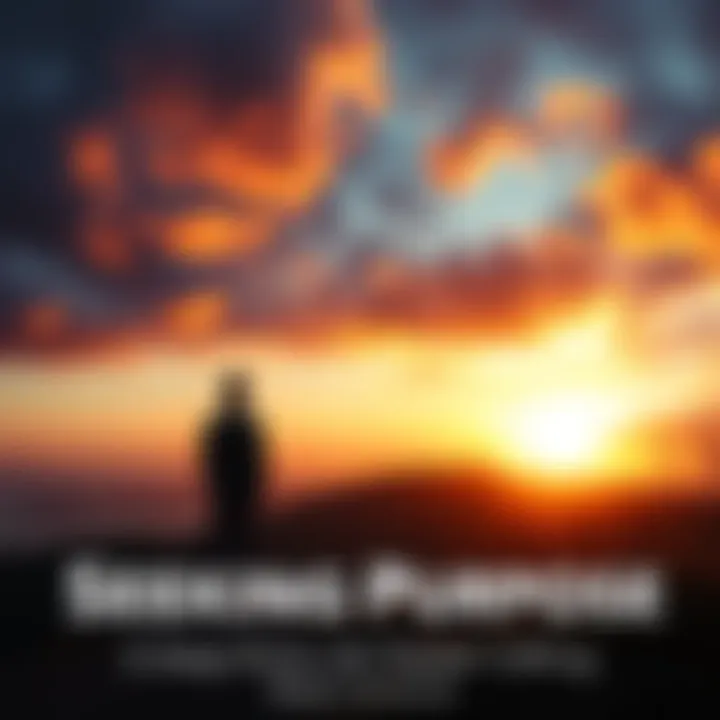 Person Searching for Purpose A thoughtful individual standing on a hilltop, looking at a sunset with a sense of determination, symbolizing the quest for life's calling