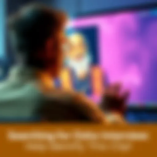 A person looking at a computer screen with Osho's image, seeking help to find an impactful interview clip