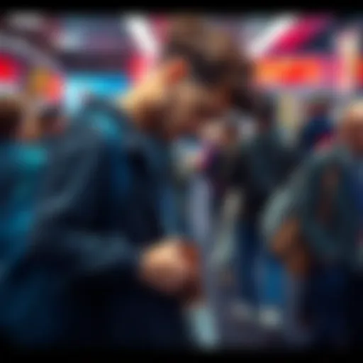 A person searching through their bag and pockets for a missing wallet in a busy setting.