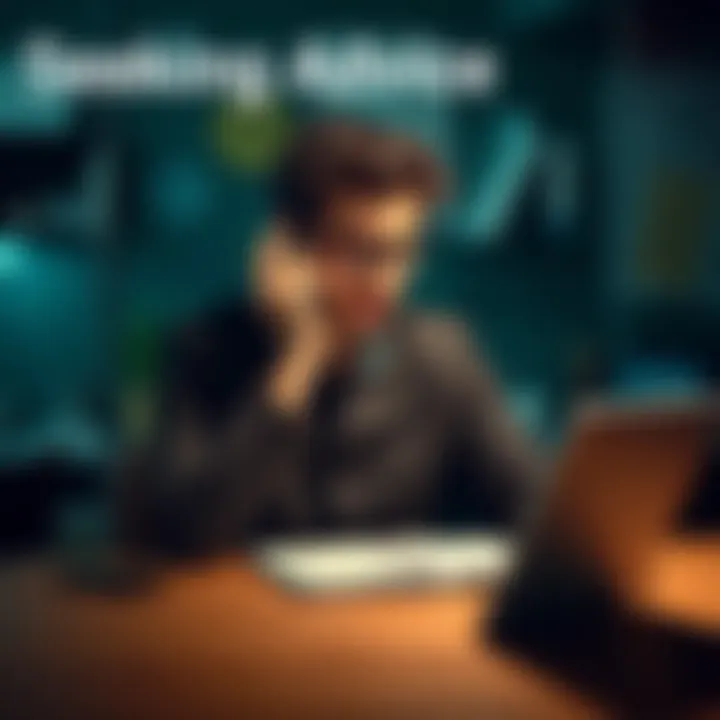 Individual sitting at a table with a notebook, looking thoughtful while talking on the phone for advice.