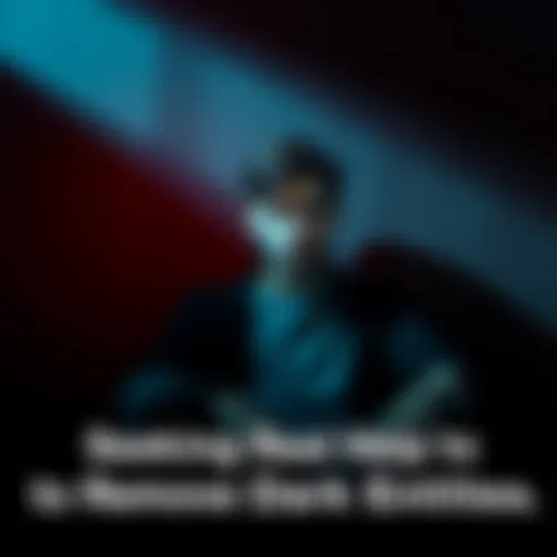 A person sits with a worried expression, surrounded by dark shadows, looking for real help to remove negative entities.