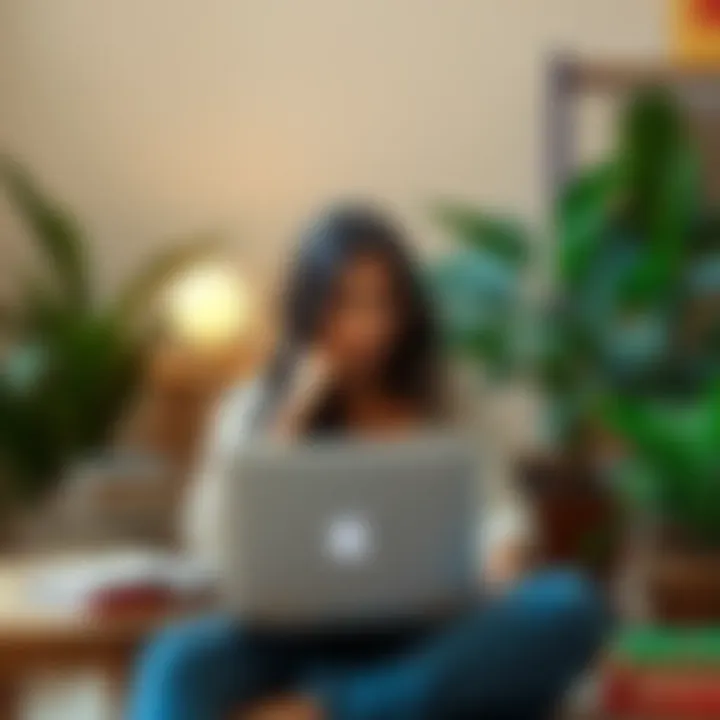 A person sitting with a thoughtful expression, looking at a laptop, surrounded by plants and wellness books, reflecting on their health struggles.