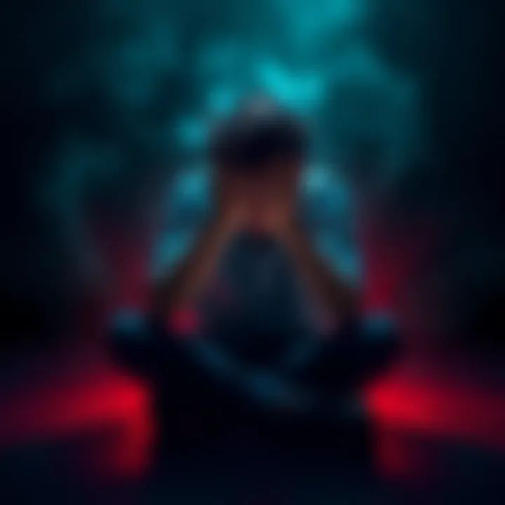 Person Seeking Help A distressed person sitting on the floor with their head in their hands, surrounded by a dark aura, symbolizing emotional pain and seeking support.