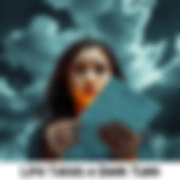 A person looking worried while holding a birth chart, surrounded by dark clouds symbolizing struggles in life.