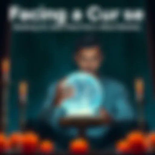 A concerned individual sitting with a crystal ball, looking for advice on how to break a curse, surrounded by candles and mystical symbols.
