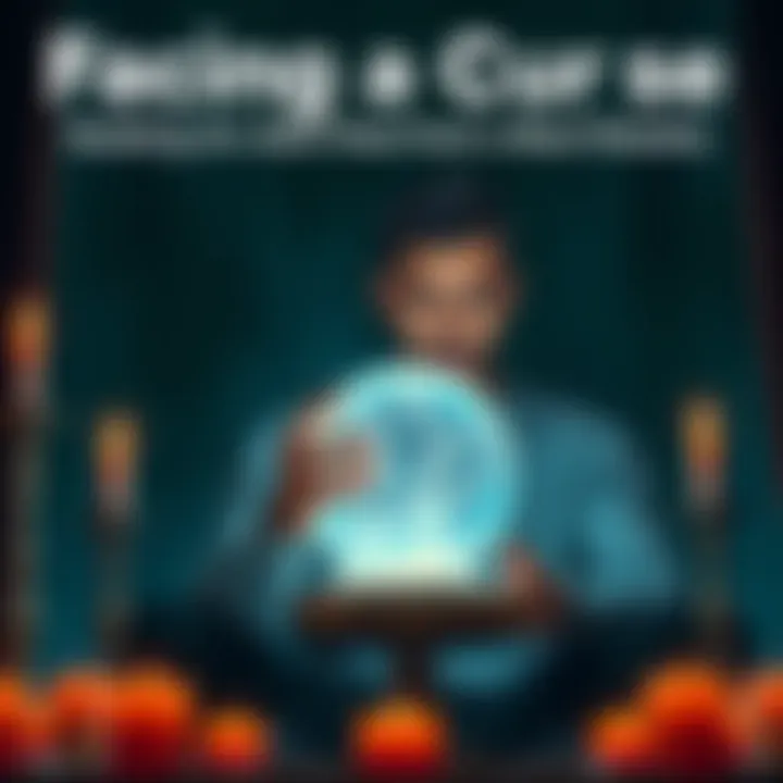 A concerned individual sitting with a crystal ball, looking for advice on how to break a curse, surrounded by candles and mystical symbols.
