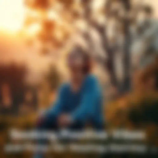 A person sitting in a peaceful setting, looking hopeful while surrounded by nature, reaching out for community support and positive energy.