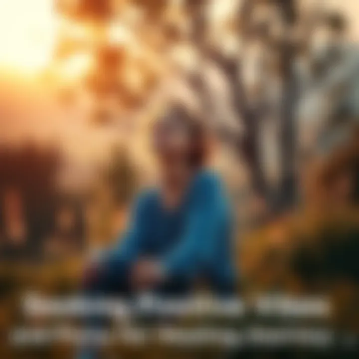 A person sitting in a peaceful setting, looking hopeful while surrounded by nature, reaching out for community support and positive energy.