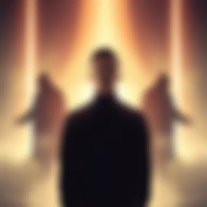 A person standing with closed eyes, appearing calm and focused, surrounded by a soft glow representing spiritual energy, with indistinct shadowy figures in the background, suggesting the presence of s...