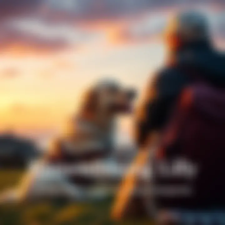 A person gently petting a golden retriever service dog in a peaceful setting, reflecting on their bond