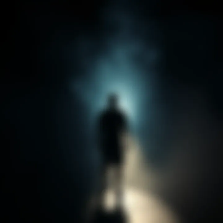 A person appears in a dark, shadowy environment, representing a spiritual encounter with the devil, with ghostly figures in the background.