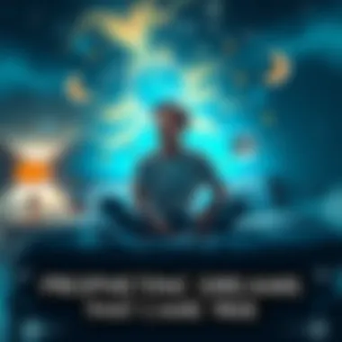 A person sitting on a bed, recalling a vivid dream with a thoughtful expression, surrounded by dream-related symbols like stars and a moon.