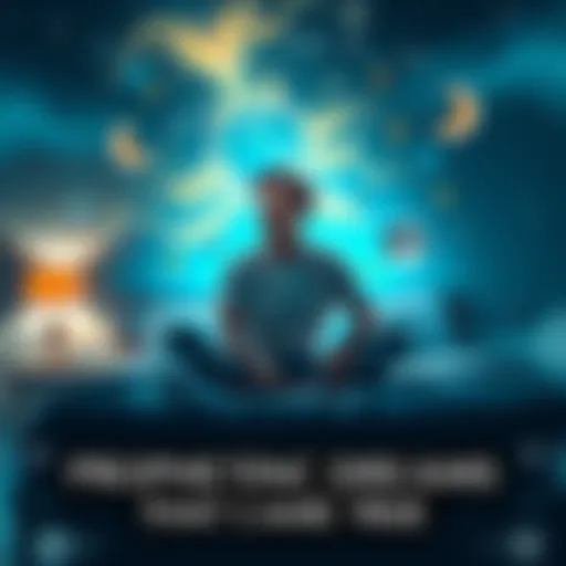 A person sitting on a bed, recalling a vivid dream with a thoughtful expression, surrounded by dream-related symbols like stars and a moon.