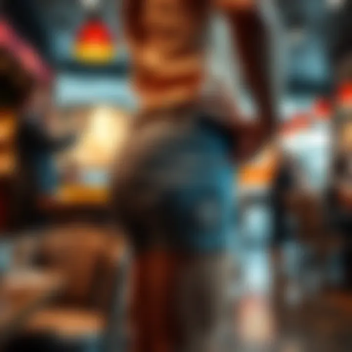 A diner lifts their shorts to show a thigh tattoo while ordering from a waiter in a lively restaurant atmosphere.