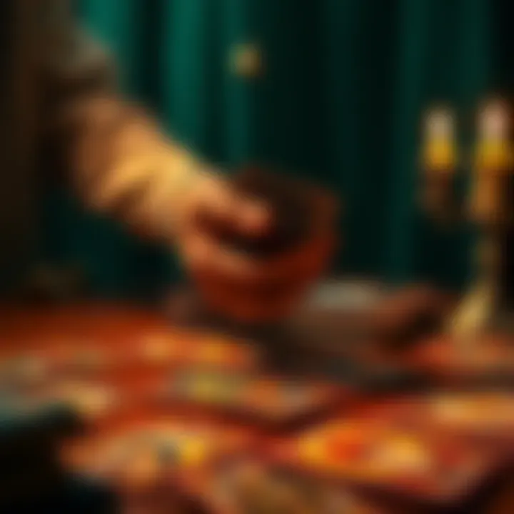 Person shuffling tarot cards A person holding and shuffling a deck of tarot cards on a table, creating a sense of connection and personal engagement during a reading