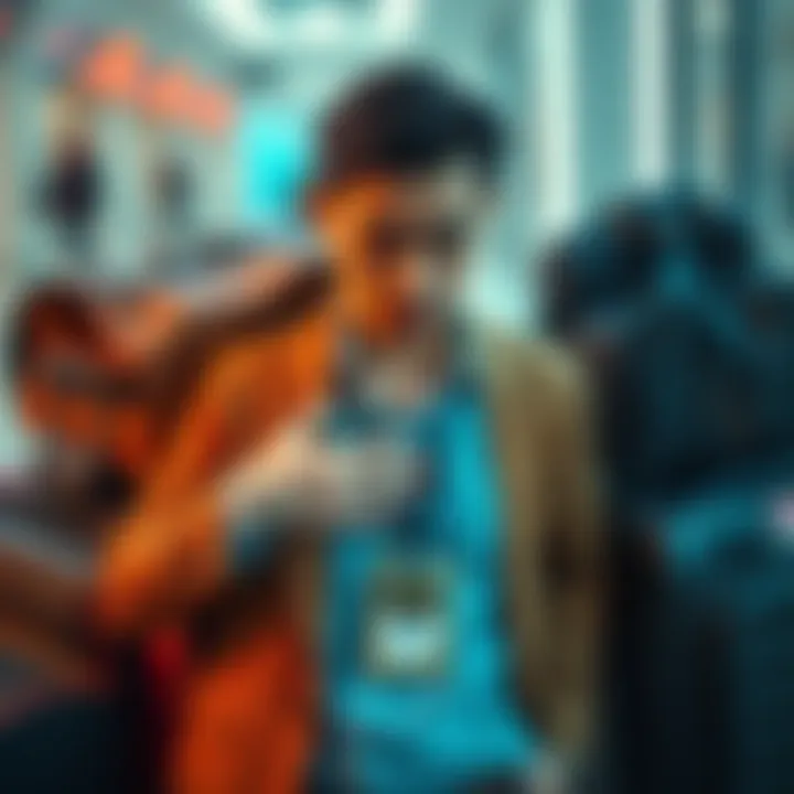 A person holding their stomach with a concerned look, surrounded by travel essentials like a suitcase and a conference badge, reflecting unease before a business trip.