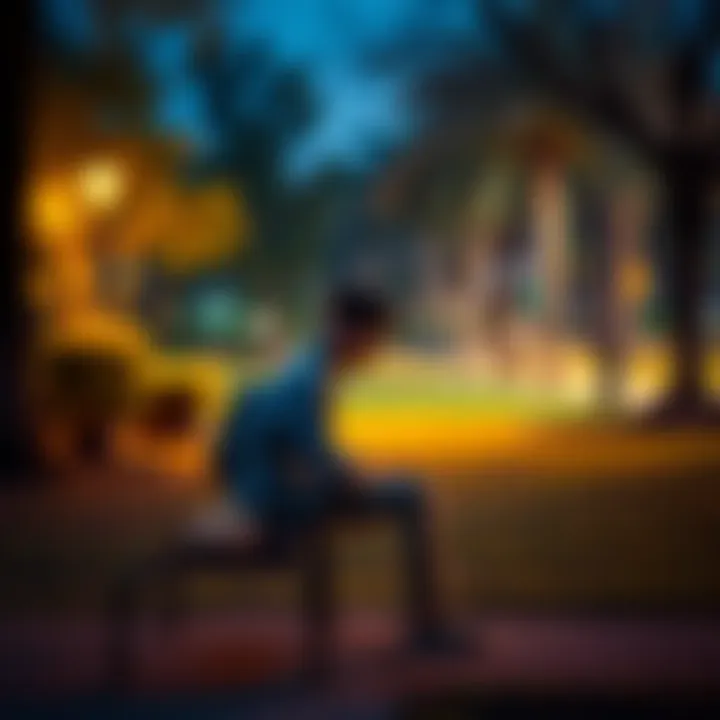 Person sitting alone in thought Individual looking contemplative while seated on a bench in a park, surrounded by nature, representing feelings of detachment.