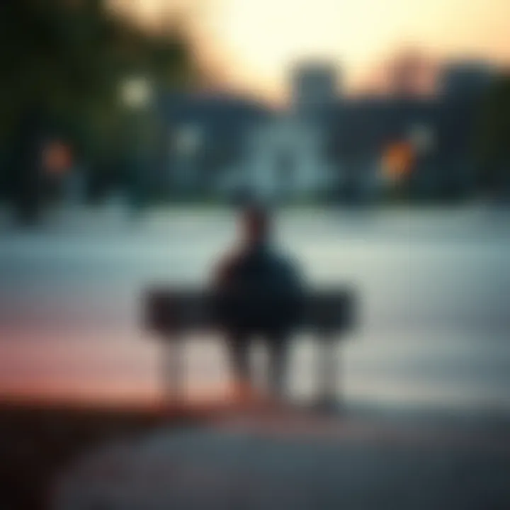 A person sitting on a park bench, looking contemplative and distant, surrounded by empty space, reflecting feelings of loneliness.