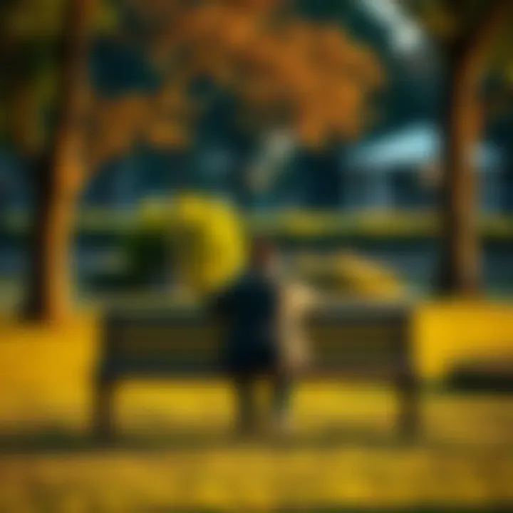 A person reflecting while sitting alone on a park bench, surrounded by nature.
