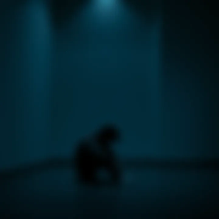 Person sitting alone in a dark room A person sits on the floor in a dimly lit room, looking down with a somber expression, illustrating isolation and struggle with bleak thoughts.