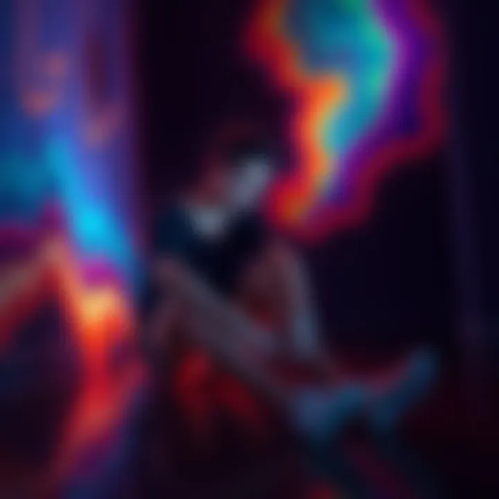 A person with a sad expression, sitting on a floor in a dimly lit room, surrounded by colorful psychedelic art, reflecting feelings of loneliness and sadness.
