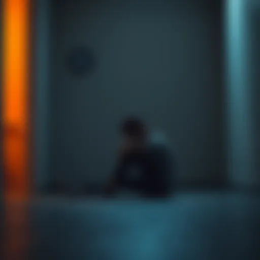 A person with a sad expression sitting on the floor, leaning against the wall in a dimly lit room, reflecting feelings of depression and overwhelm.
