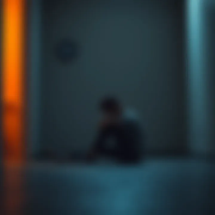A person with a sad expression sitting on the floor, leaning against the wall in a dimly lit room, reflecting feelings of depression and overwhelm.