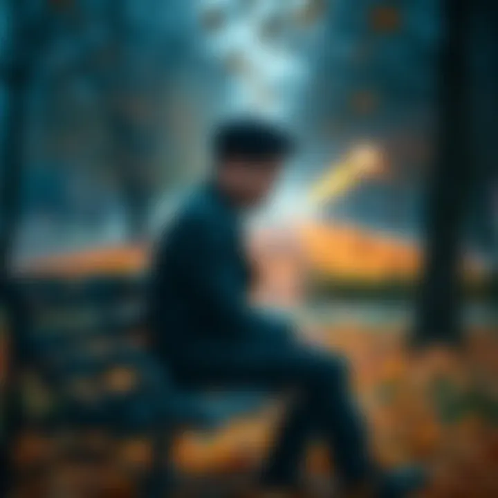 A person sitting on a park bench, looking down with a somber expression, surrounded by autumn leaves.