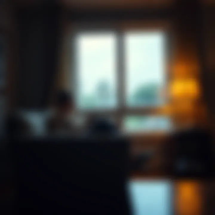 A person sitting on a couch, looking thoughtful and holding a mug, with a window showing a rainy day outside
