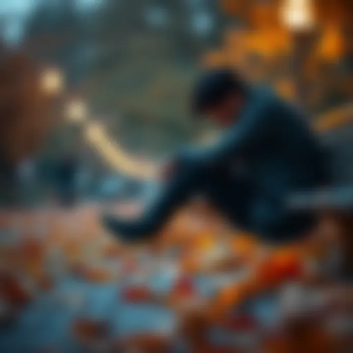 A person with their head down, sitting on a park bench surrounded by fallen leaves, reflecting on their unfulfilled dreams and heartbreak.