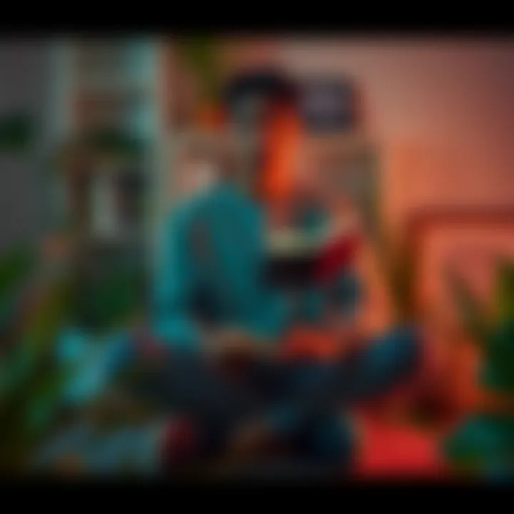 Individual sitting cross-legged on the floor with a notebook, looking pensive and surrounded by plants, symbolizing a search for inner peace and simpler joys.
