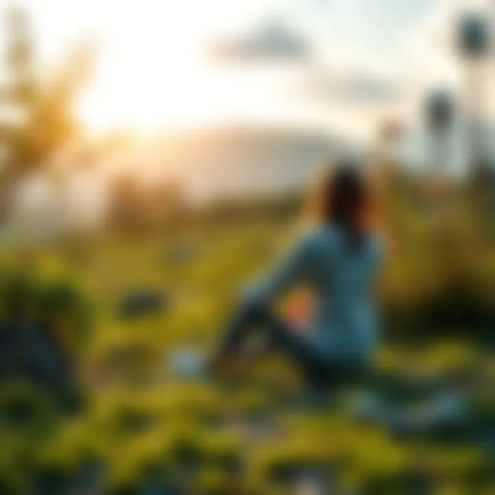 A person sits peacefully in a serene natural setting, reflecting an indifferent mindset, surrounded by greenery and calmness.